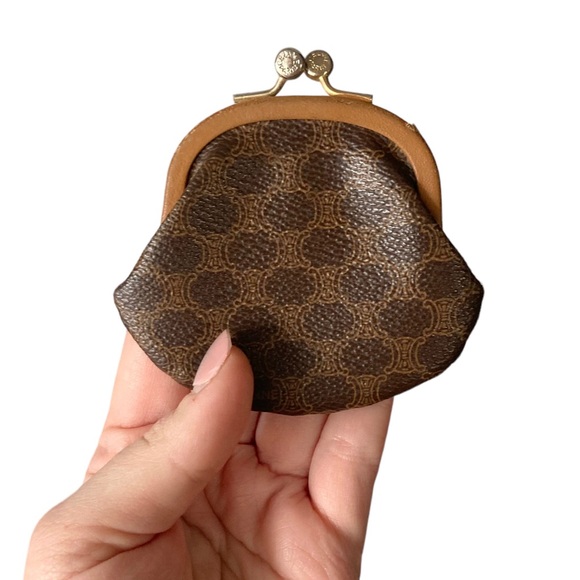 RARE Authentic Vintage CELINE Macadam Chocolate Brown & Tan Kisslock Coin Purse - Picture 2 of 10